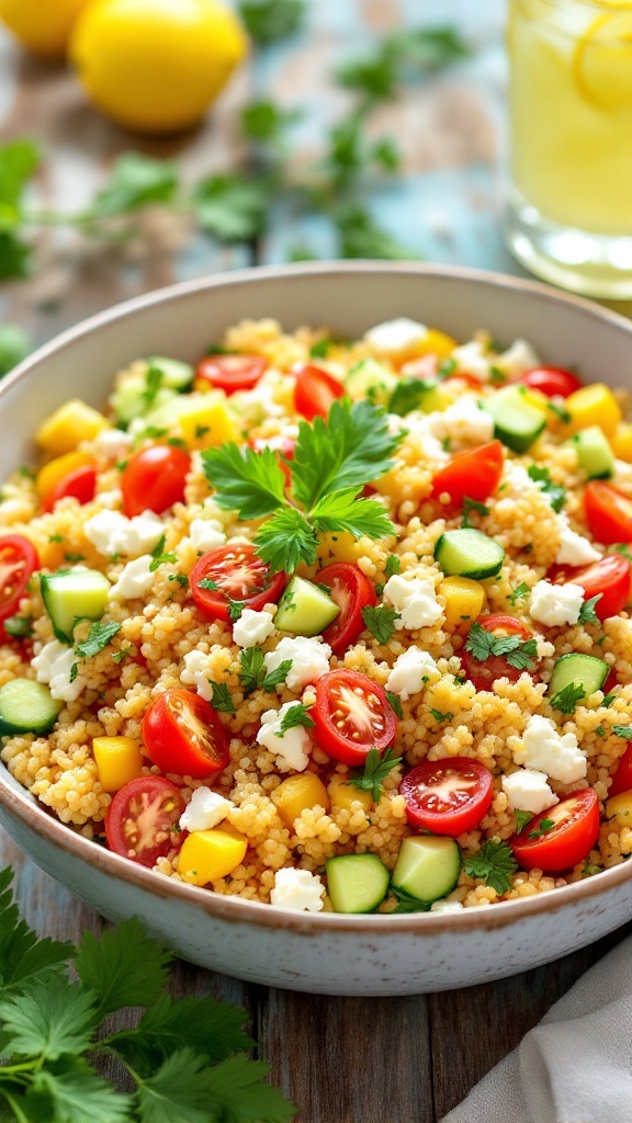 A vibrant bowl of Mediterranean couscous salad with tomatoes, cucumber, feta, and parsley.